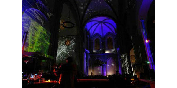 The interior of the Basilica of the Holy APostles during a light show